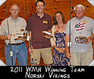 2012 WMH Winning Team Norsi Vikings Keith Hanson, Paul Hanson,Greeter Amy Farrow, Larry Quamme