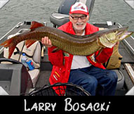 Larry Bosacki, a founding member of the World Musky Hunt, holds his prize winning 48 &frac34;&rdquo; musky. Guided by Mike O&rsquo;Brien, Larry won the Joe Fittante award for the largest fish caught by a &ldquo;Past Hunter&rdquo; in the 2014 World Musky Hunt.