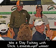 Win a Day Fishing with Dick Leinenkugel raffle winner Alissa Dillon shown here with Mr. Leinenkugle himself.